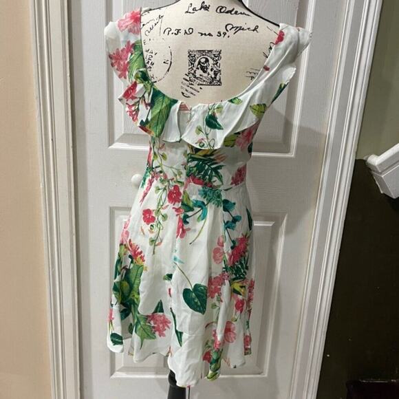 REFORMATION MINI DRESS PERLA RUFFLE SCOOP NECK TROPICAL FLORAL Sz 4 COCONUTGIRL - Picture 12 of 16